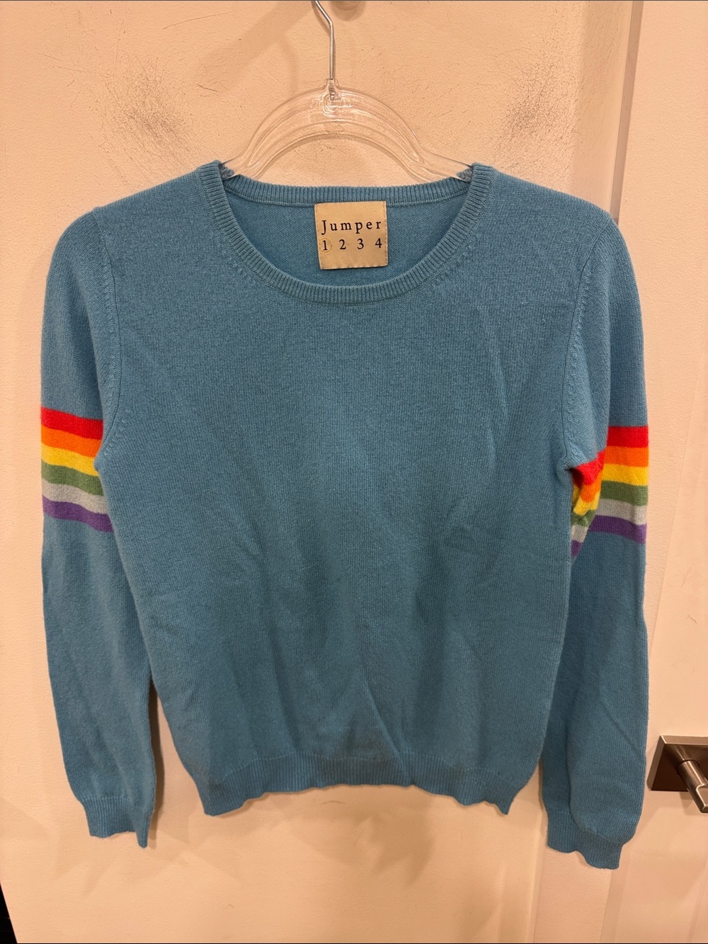Jumper 1234 Blue Crewneck Sweater with Rainbow Sleeve Stripes